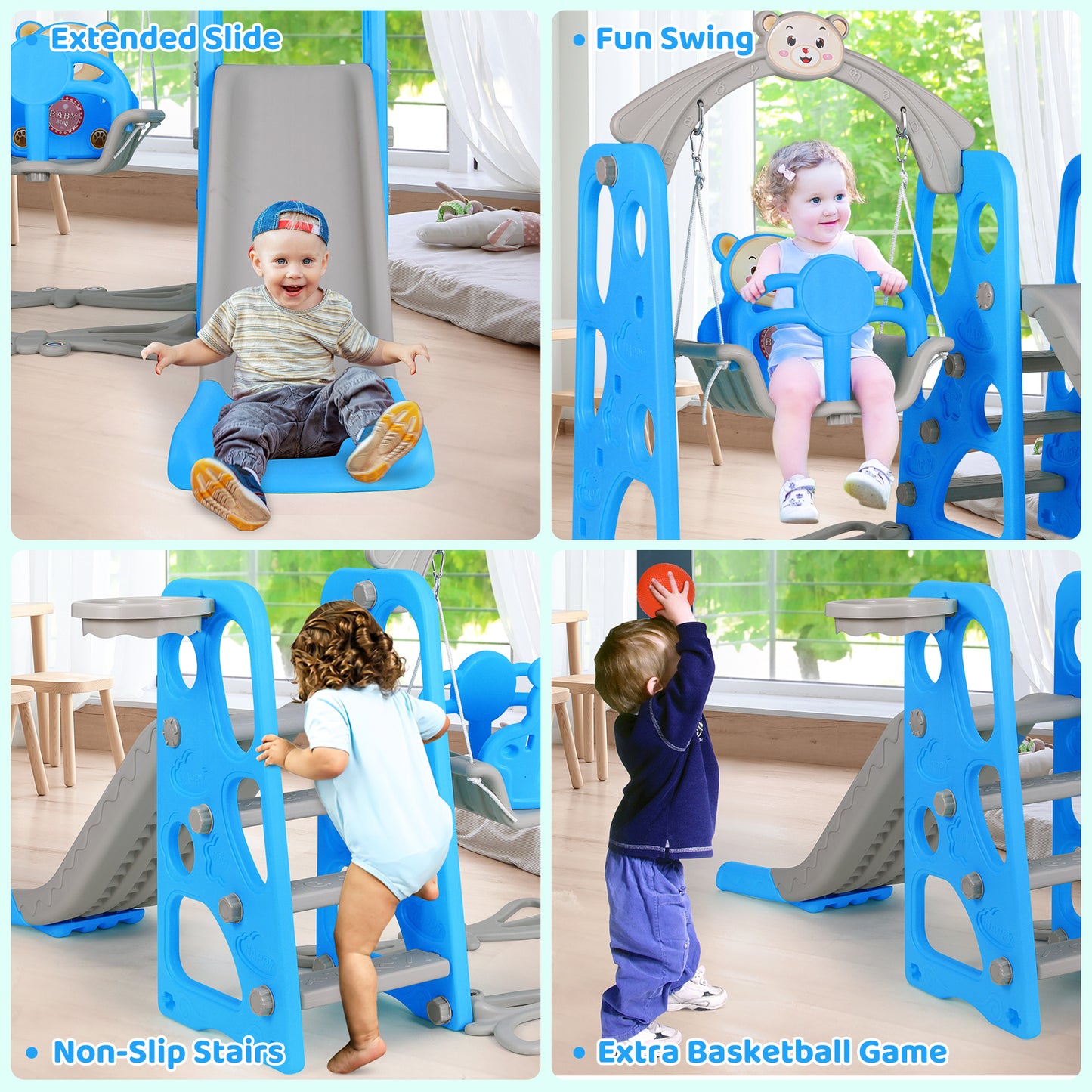 pirecart Toddler Slide and Swing Set, 4 in 1 Kids Play Climber Slide Playset w/Ball Hoop