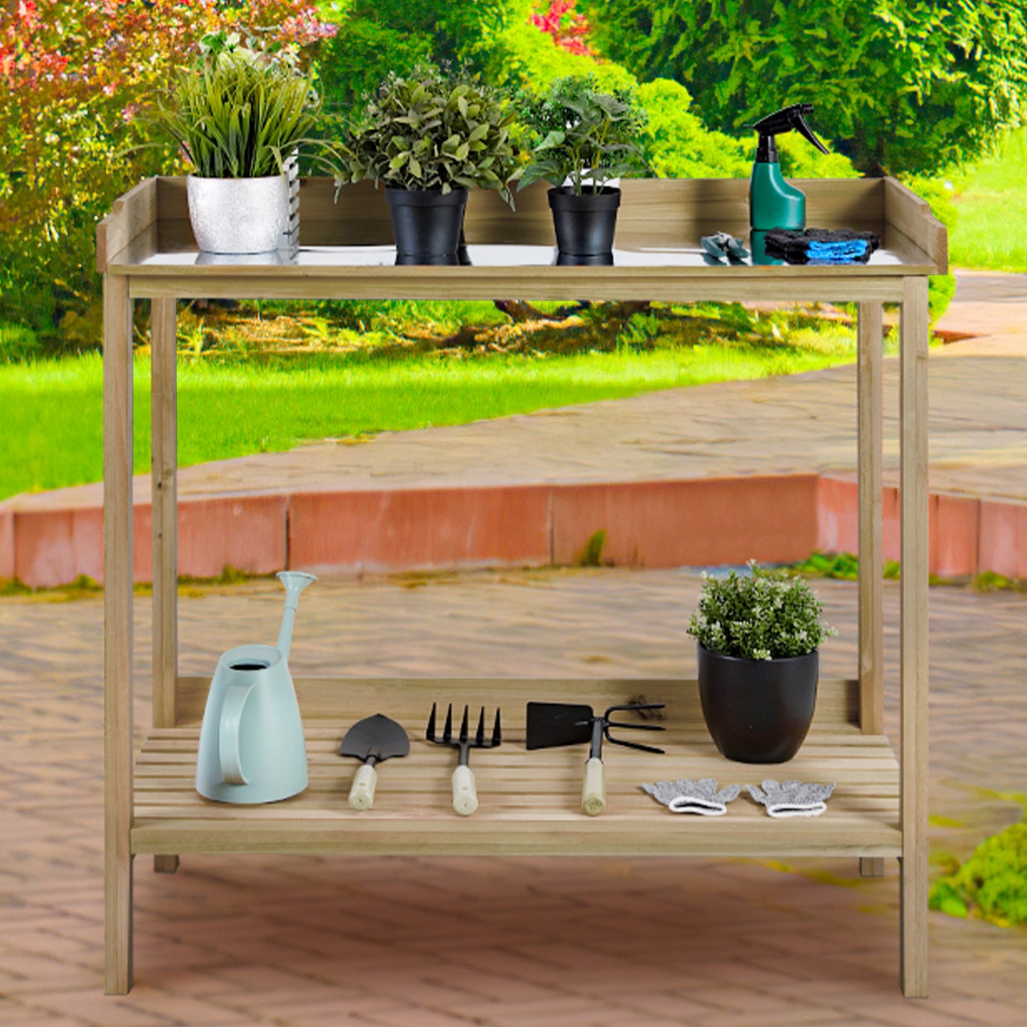 pirecart Potting Bench, Garden Table,Outside Planting Station,Wooden Greenhouse Potters Bench with Galvanized Iron Tabletop