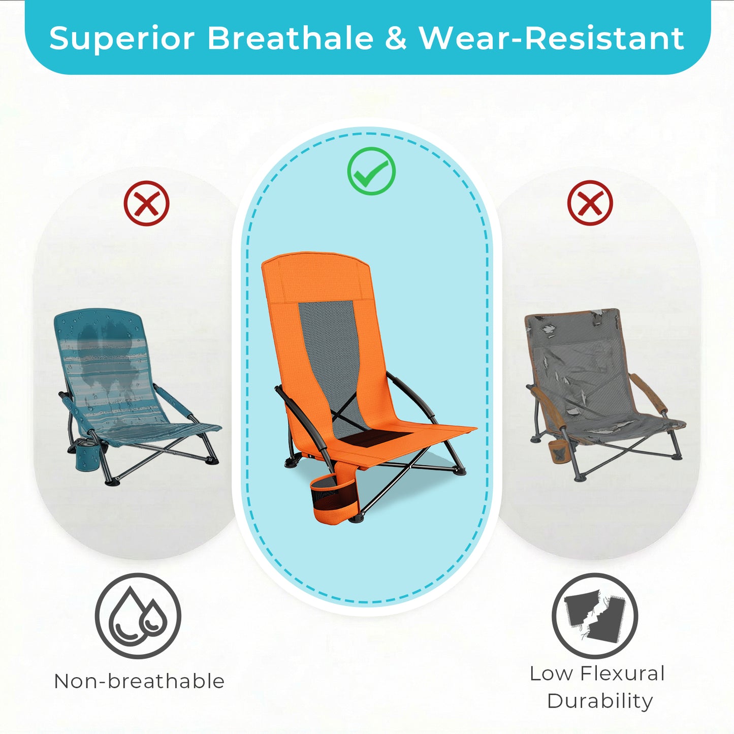 Pirecart 28.5″ High Back Folding Beach Chair, 2 PCS Portable Low Beach Chair W/ Mesh Back & Padded Armrest, Cup Holder, for Camping, Outdoor, Travel