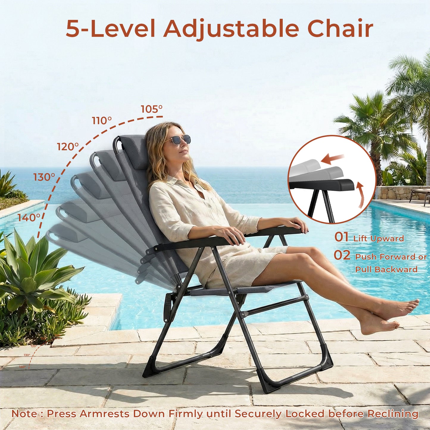 Pirecart 2PCS Folding Patio Chairs, 5 Level Adjustable Outdoor Lawn Chair with Removable Headrest, Teslin Fabric Patio Chairs with Ergonomic Armrest, Foot Pad