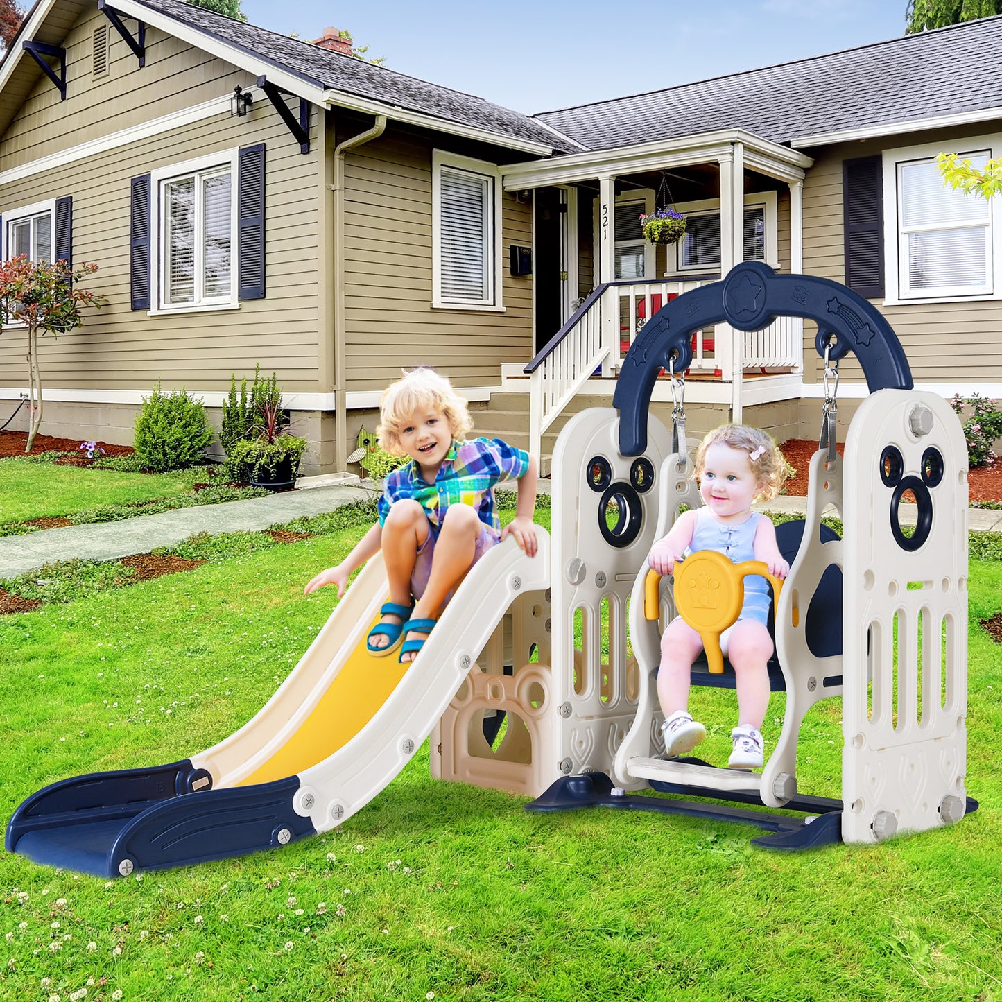 pirecart Swing Slide for Kids, 5 in 1 Slide Climber for Toddler, with Ball & Hoop