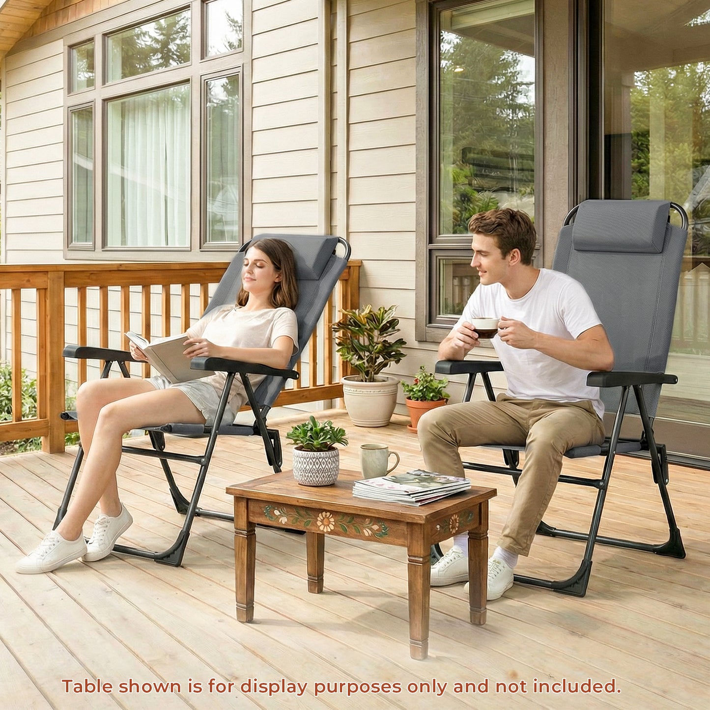 Pirecart 2PCS Folding Patio Chairs, 5 Level Adjustable Outdoor Lawn Chair with Removable Headrest, Teslin Fabric Patio Chairs with Ergonomic Armrest, Foot Pad