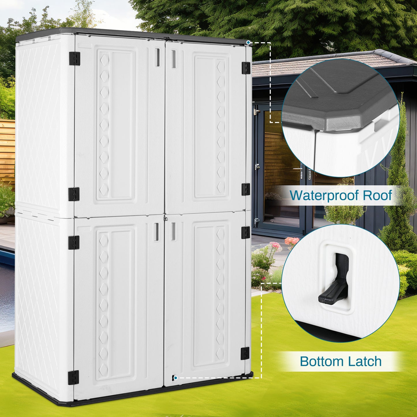 pirecart 65 Cubic Feet Resin Vertical Outdoor Storage Shed for Garden, Backyard, Patio, Pool Tools