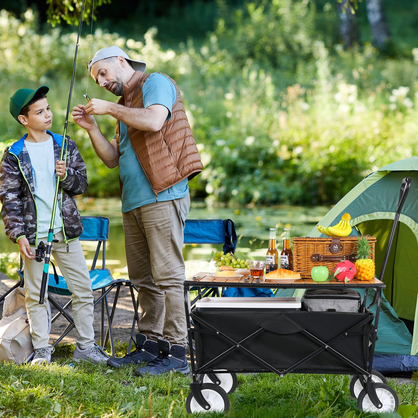 pirecart Collapsible Folding Wagon Cart Backyard Garden Utility Camping Cart with Table Plate