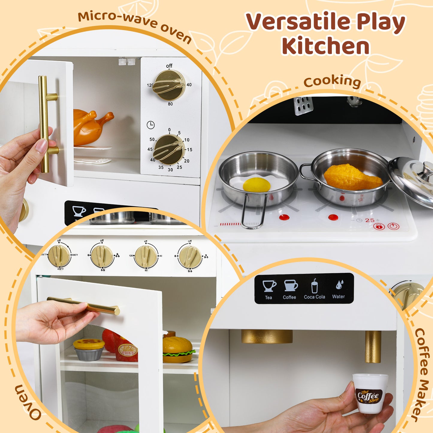 pirecart Kids Play Kitchen, Wooden Pretend Toy Kitchen, Toodler Cooking Playset w/Stove, Sink, Microwave, Water Dispenser, Curtain