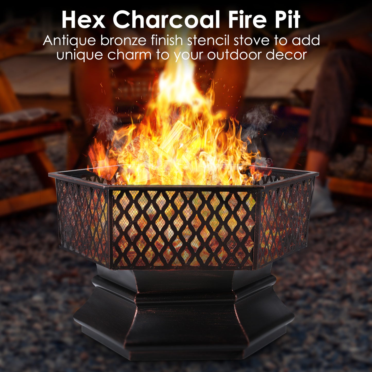 pirecart 28"/30" Hex Shaped Fire Pit Wood Burning Patio Deck Stove Fireplace Table with Poker