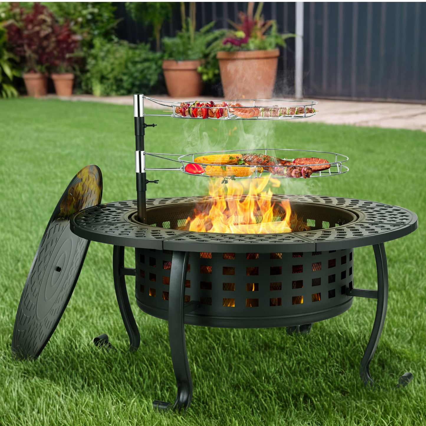 pirecart 37in 3 in 1 Large Wood Burning Fire Pits with 2  galvanized steel Grills, Lid and Fire Poker for Patio, Backyard, Bonfire Party, BBQ