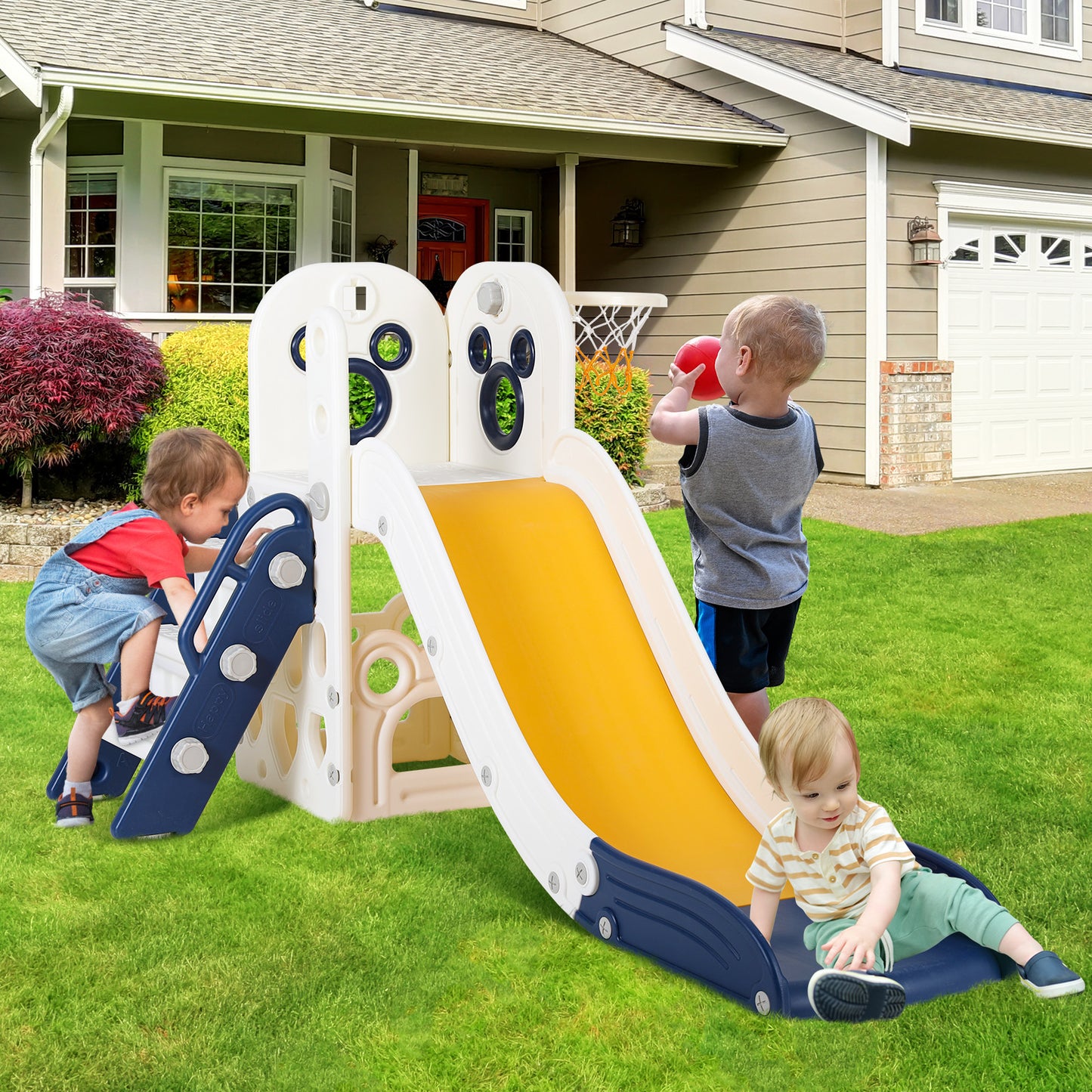 pirecart Kids Slide L-Shaped, 4 in 1 Slide Climber for Toddler, with Ball & Hoop