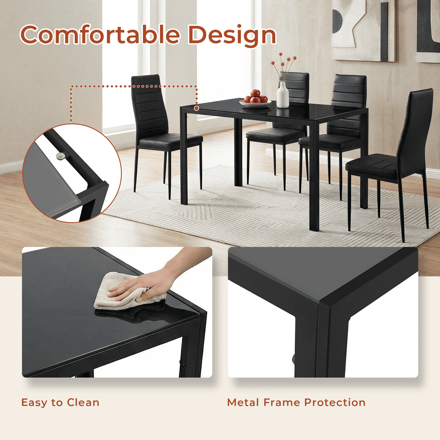 Pirecart Dining Set of 5, 4 Upholstered PU Chairs W/ Tempered Glass Dining Table, Esay-Cleaning & Space-Saving Dining set, Metal Steel Frame Dining Room Set