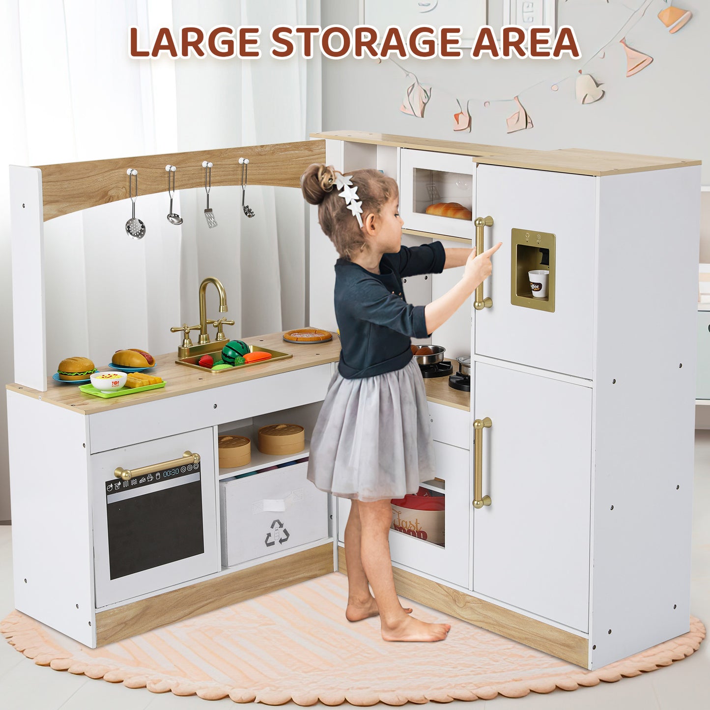 pirecart Large Corner Play Kitchen for Kids, Wooden Pretend Toy Kitchen Toodler Cooking Playset with Light & Sound