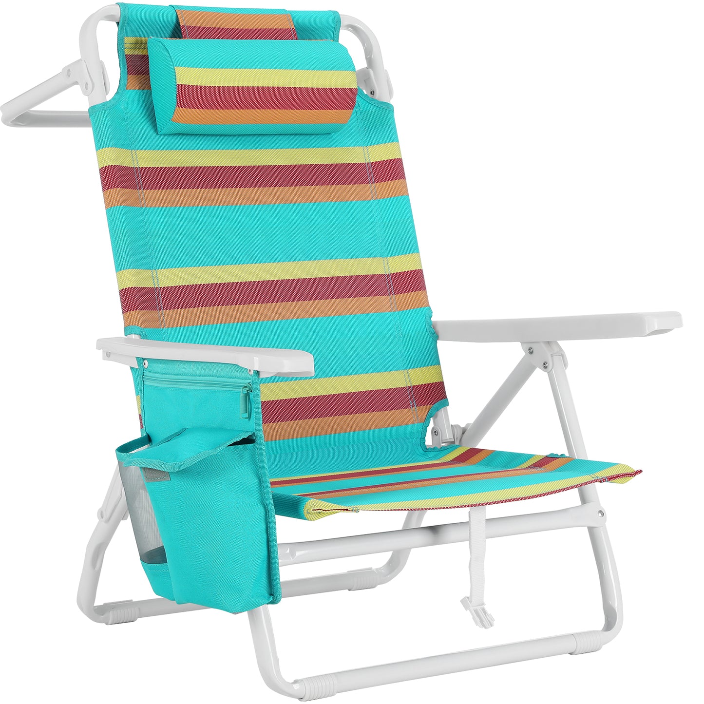 Foldable Beach Chair, 5-Position Lay Flat Reclining Beach Chair W/ Headrest, Storage Bag, Cooler Pouch,Towel Bar, Foot Mat