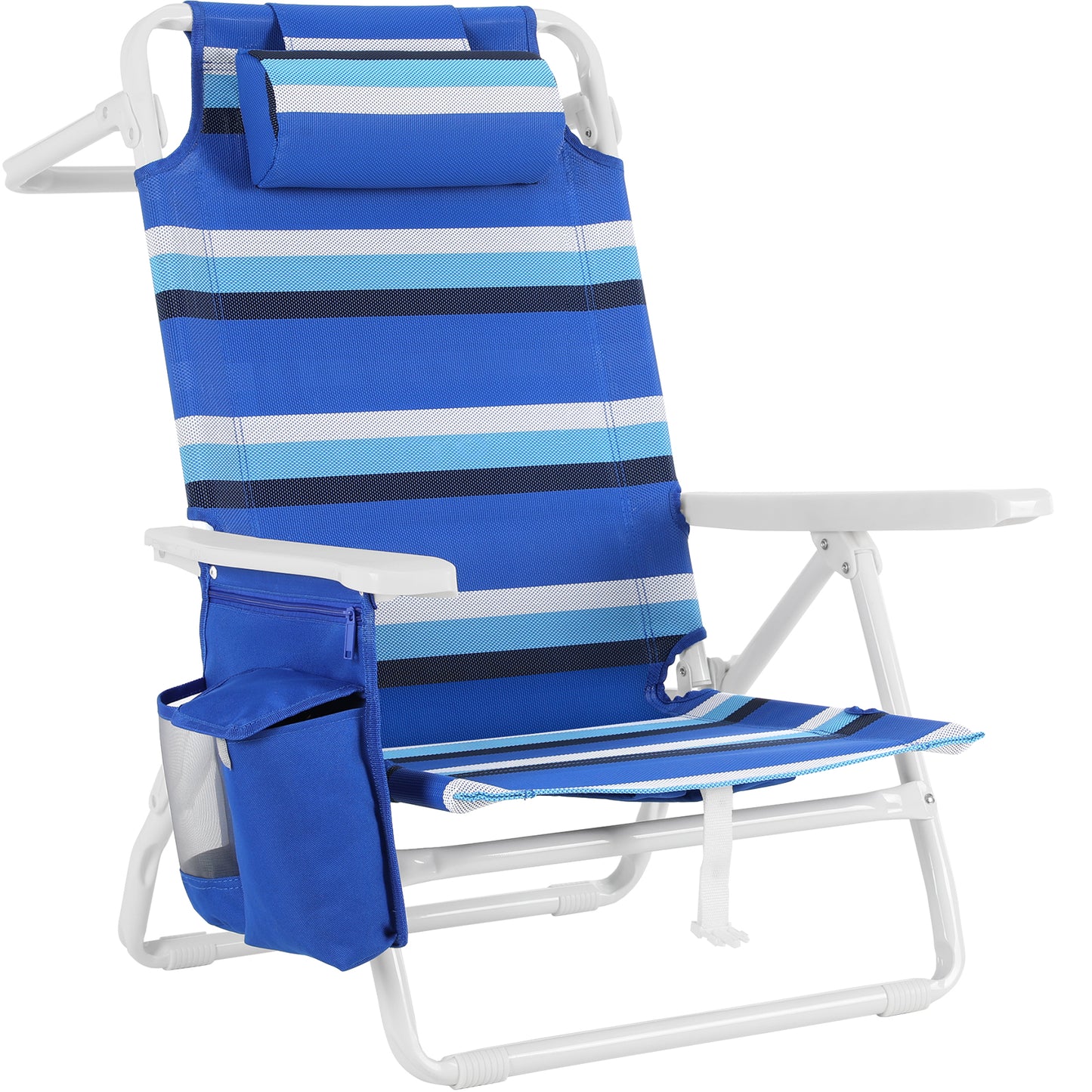 Foldable Beach Chair, 5-Position Lay Flat Reclining Beach Chair W/ Headrest, Storage Bag, Cooler Pouch,Towel Bar, Foot Mat