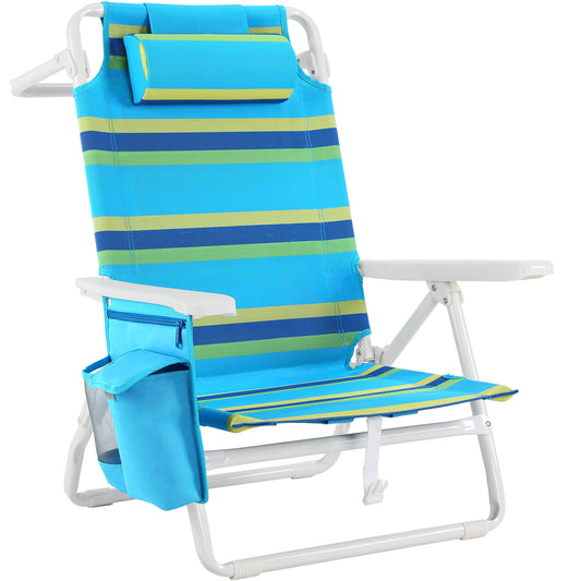 Foldable Beach Chair, 5-Position Lay Flat Reclining Beach Chair W/ Headrest, Storage Bag, Cooler Pouch,Towel Bar, Foot Mat
