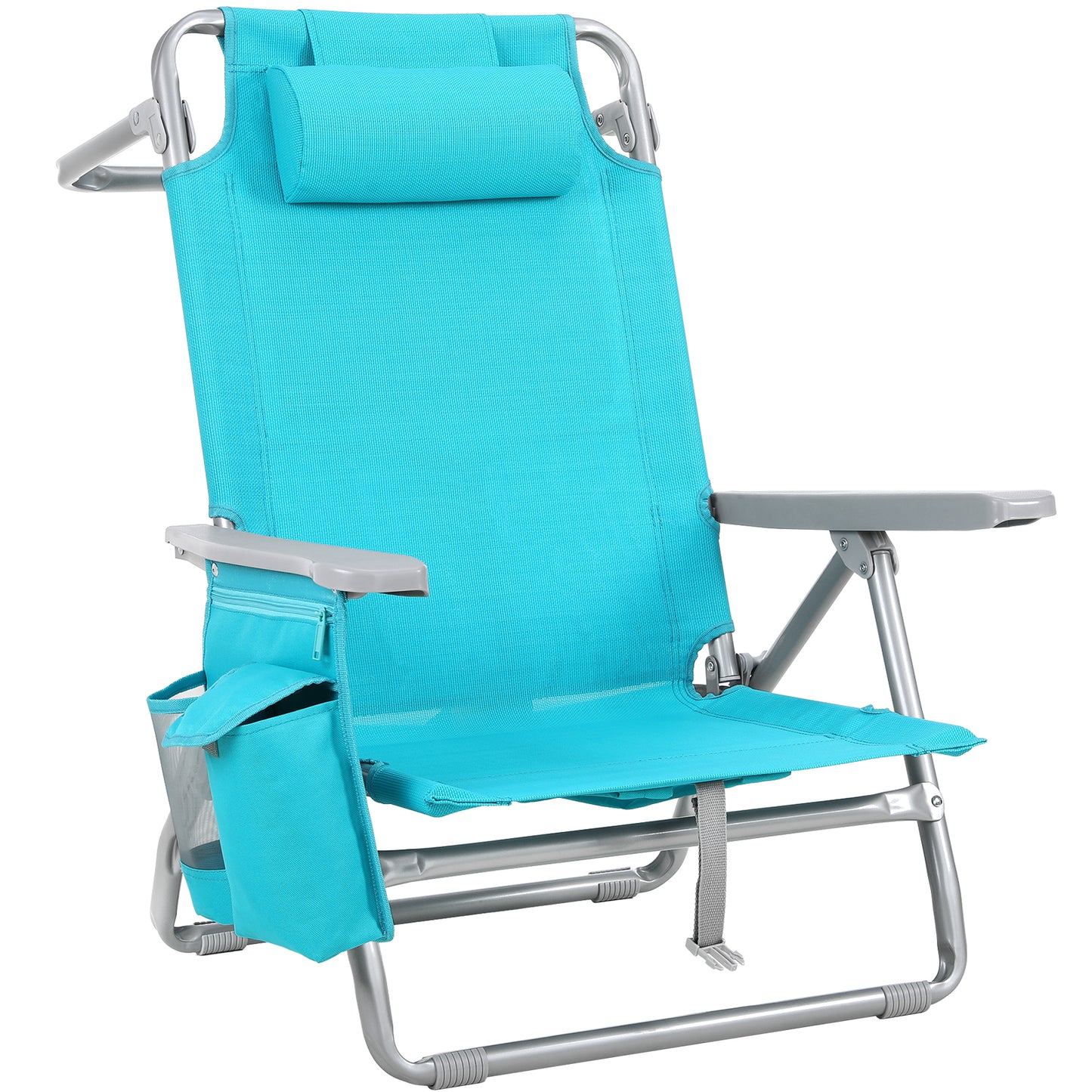 Foldable Beach Chair, 5-Position Lay Flat Reclining Beach Chair W/ Headrest, Storage Bag, Cooler Pouch,Towel Bar, Foot Mat