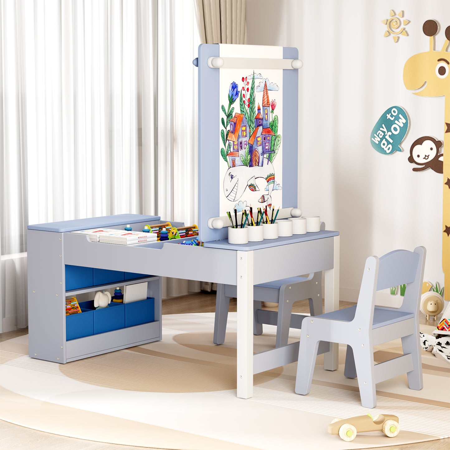 Pirecart 3 in 1 Kids Art Table and Chair Set, Chilldren Art Easel and Wooden Activity Table with 2 Chairs, Storage Bins, Paper Roll, Paint Cups for Draw, Play, Crafts, Read
