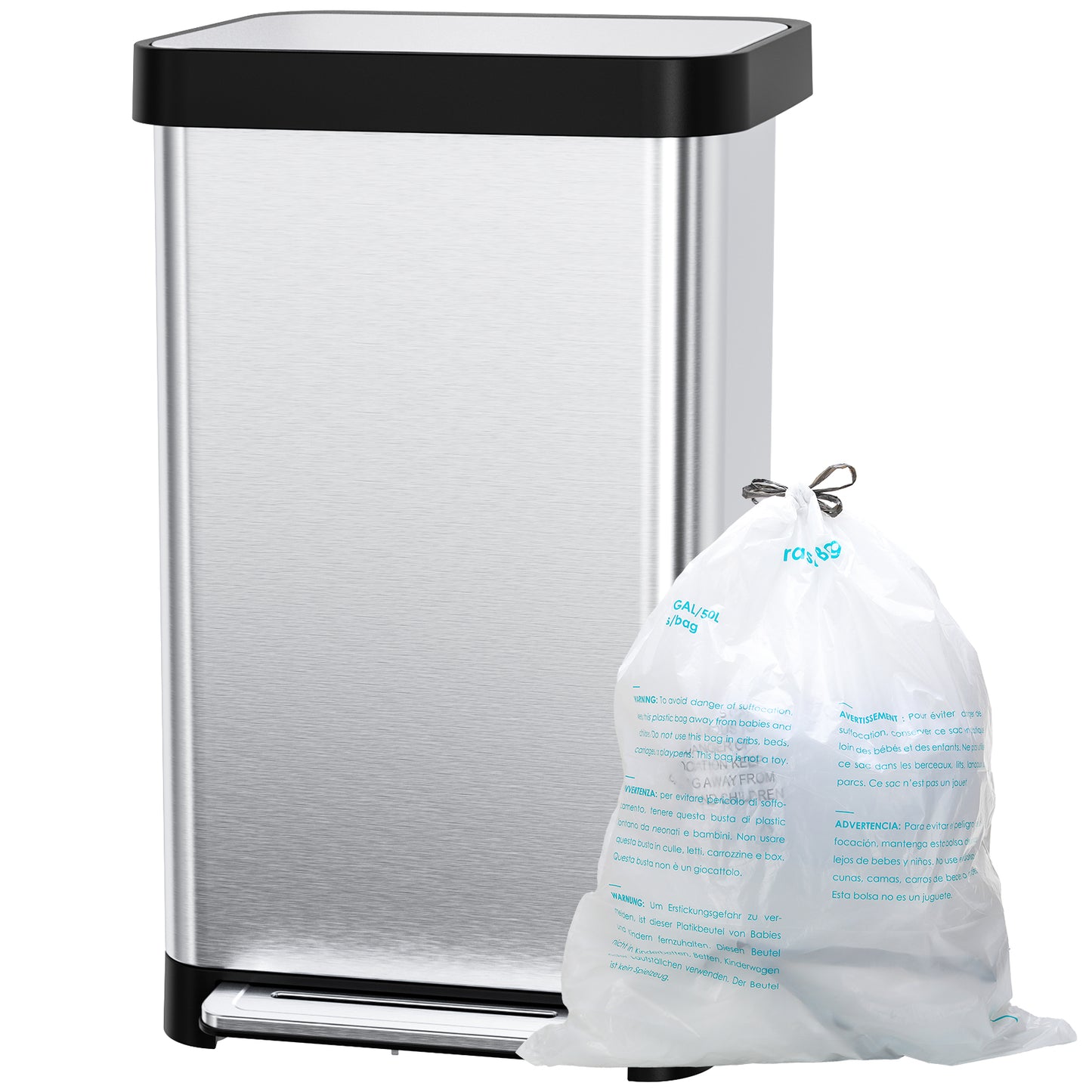 Pirecart 13.2 Gal Stainless Steel Trash Can, Soft-Close Lid Grabage Can with 15 Inner Bags, Rear Trash Bag Storage Compartment, Large Capacity Step Trash Can With Built-In Deodorizer Box