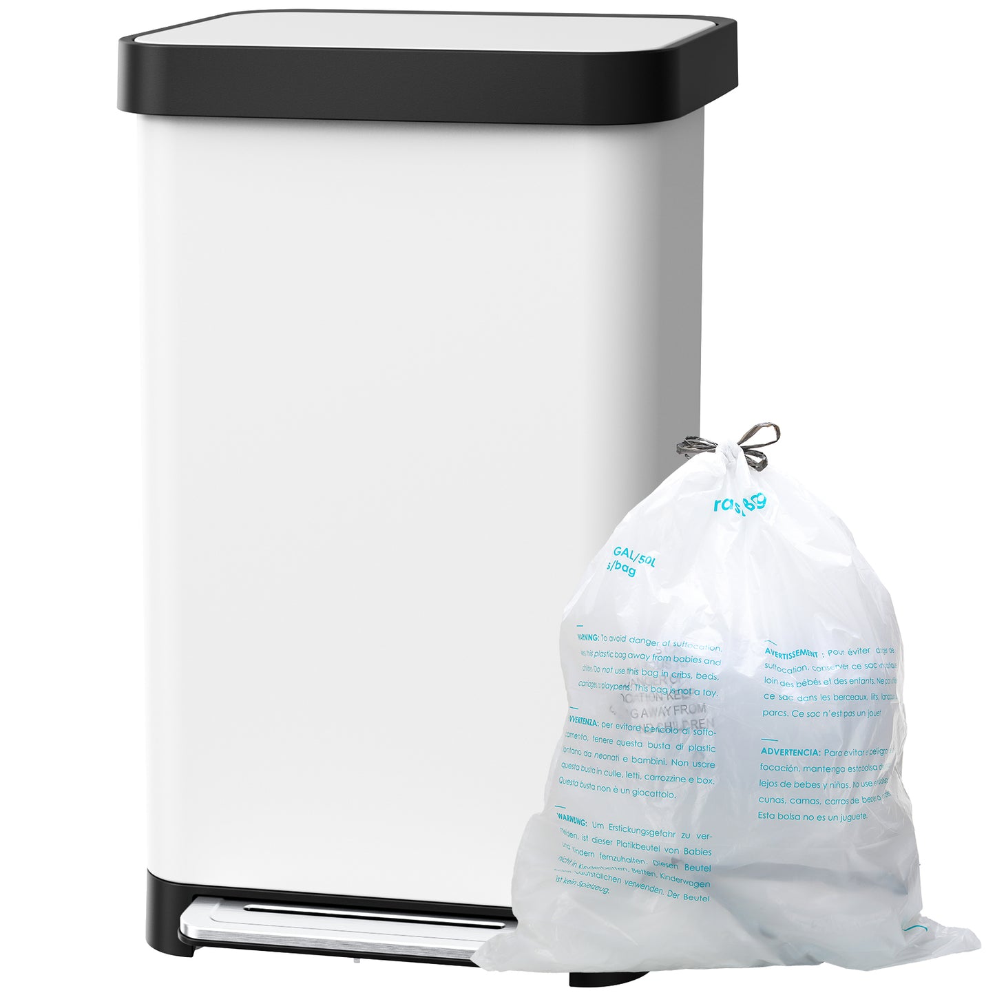 Pirecart 13.2 Gal Stainless Steel Trash Can, Soft-Close Lid Grabage Can with 15 Inner Bags, Rear Trash Bag Storage Compartment, Large Capacity Step Trash Can With Built-In Deodorizer Box