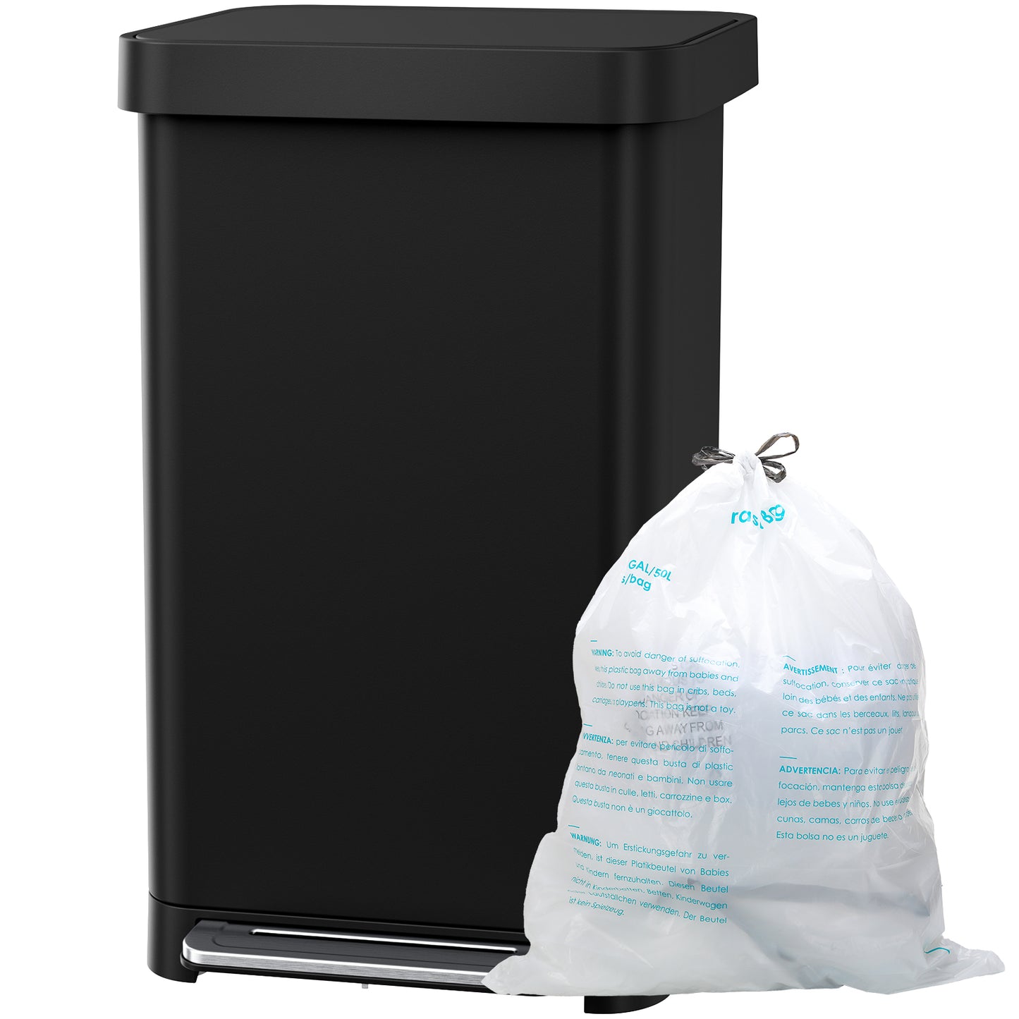 Pirecart 13.2 Gal Stainless Steel Trash Can, Soft-Close Lid Grabage Can with 15 Inner Bags, Rear Trash Bag Storage Compartment, Large Capacity Step Trash Can With Built-In Deodorizer Box