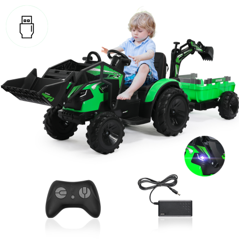 Pirecart 3 in 1 Ride on Tractor Excavator Bulldozer, 24V Kid Electric Vehicle w/Trailer, Shovel Bucket, Digger, Remote Control, LED Lights, EVA Tire, Music & Bluetooth, Toddler Ride on Car