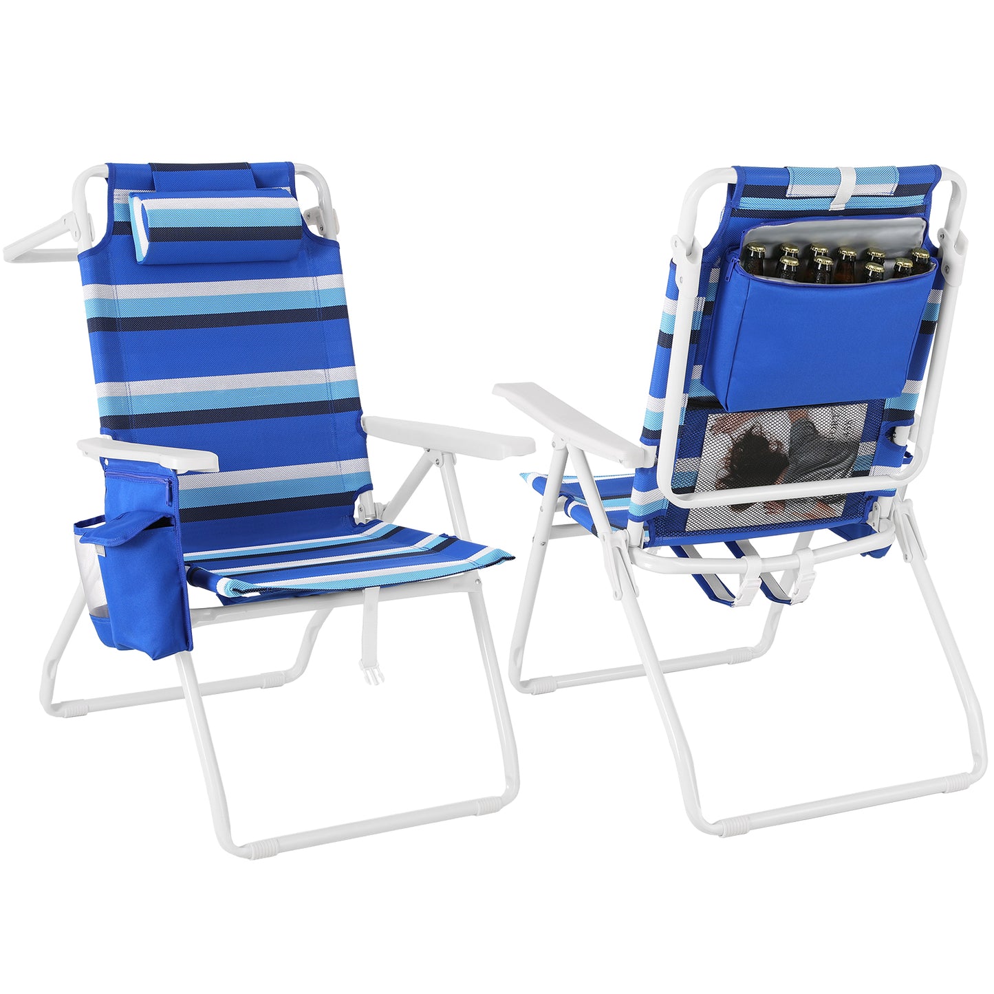 Pirecart Tall Beach Chairs for Adults, Portable Beach Chairs W/ 5-Position Lay Flat & Cooler Pouch, for Beach, Camp, Outdoor
