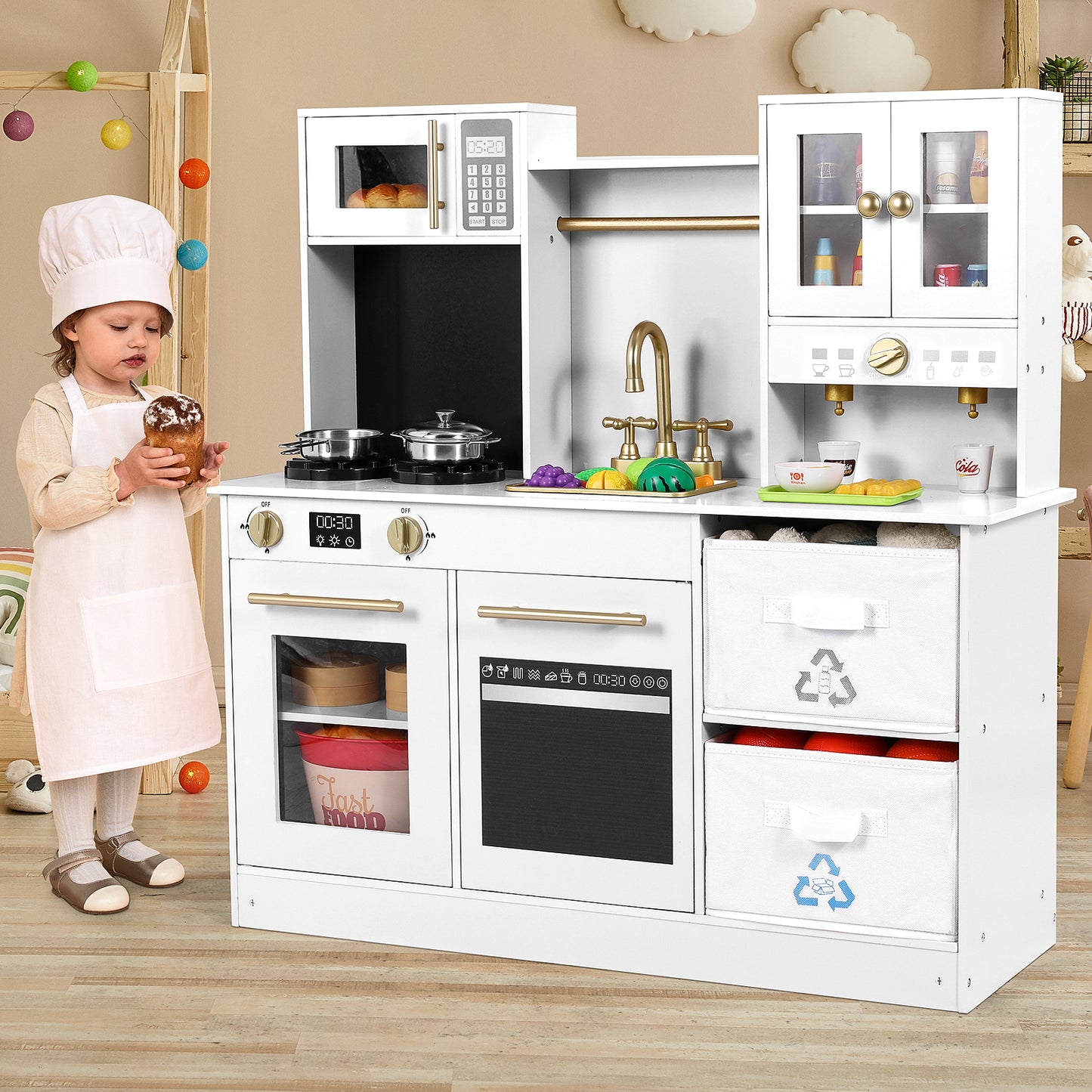 pirecart Kids Play Kitchen Wooden Pretend Toy Kitchen with Utensils, Sink, Microwave, Lights, Sounds and 2 Fabric Boxes