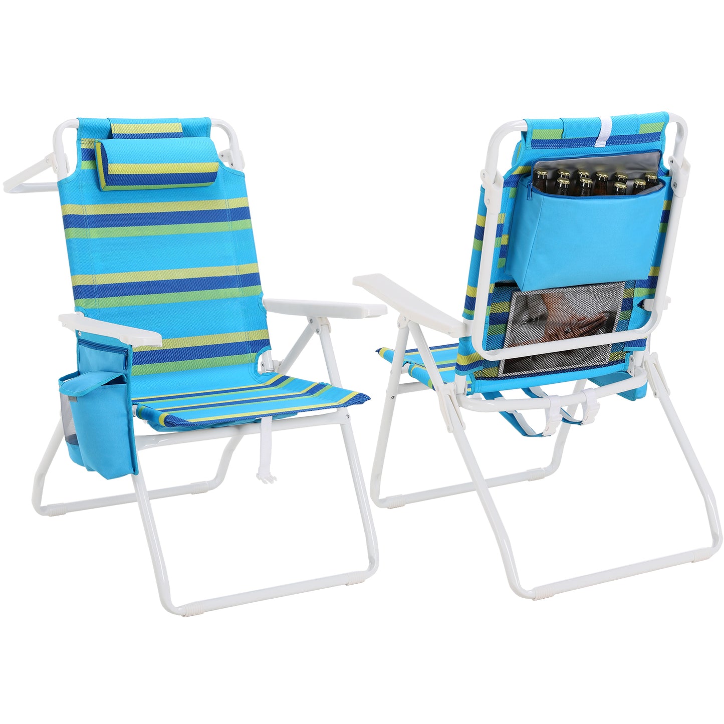 Pirecart Tall Beach Chairs for Adults, Portable Beach Chairs W/ 5-Position Lay Flat & Cooler Pouch, for Beach, Camp, Outdoor