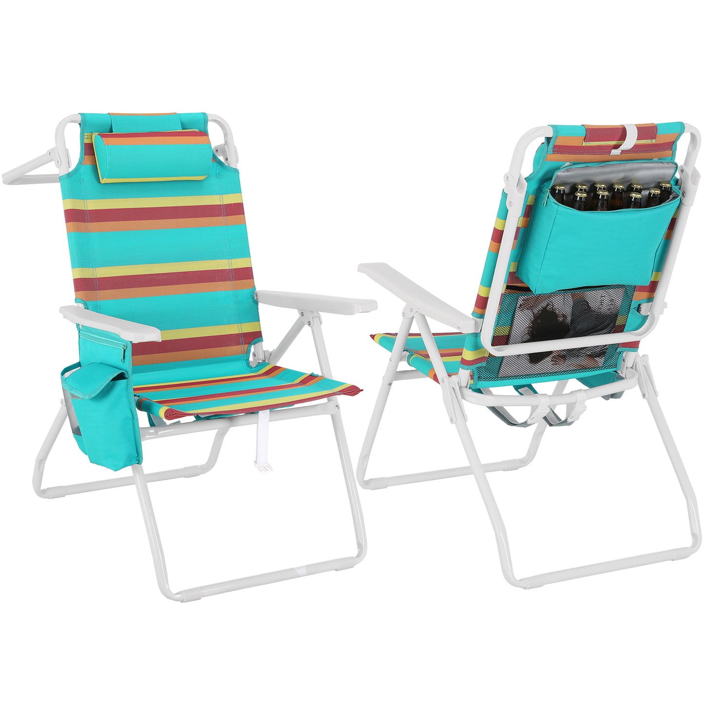 Pirecart Tall Beach Chairs for Adults, Portable Beach Chairs W/ 5-Position Lay Flat & Cooler Pouch, for Beach, Camp, Outdoor