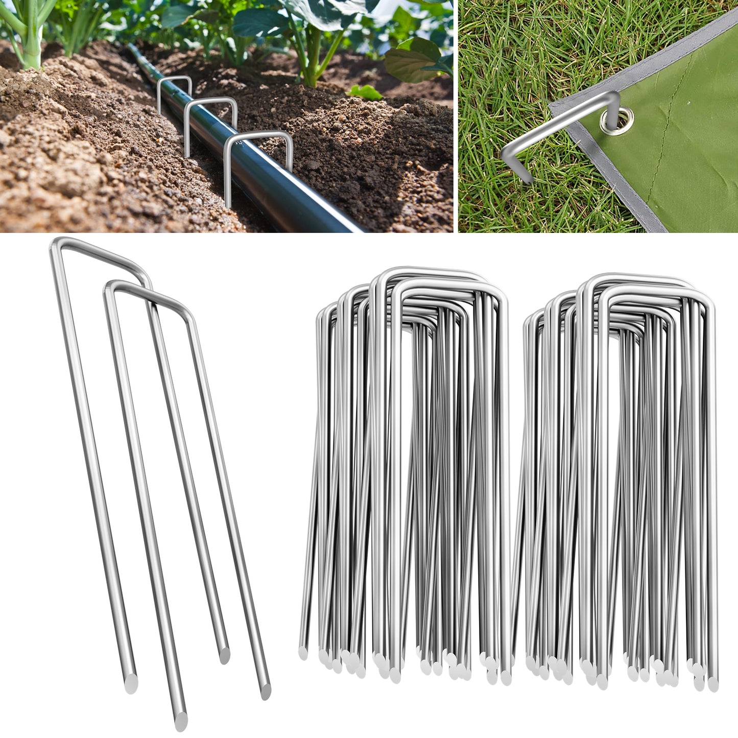 pirecart 100/200/300 pack Landscape Staples, 6 Inches 11 Gauge Stakes, Galvanized Garden Stakes, Anti-Rust U-Shaped Pins, Sod Pins for Weed Barrier Fabric