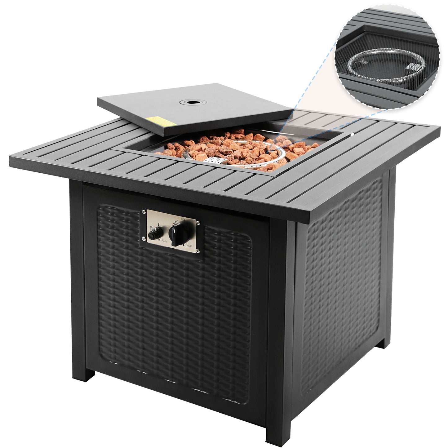 pirecart 30" Gas Fire Pit Table, 50,000 BTU Propane Square Fire Bowl, Outdoor Fireplace W/Anti-fire Mesh