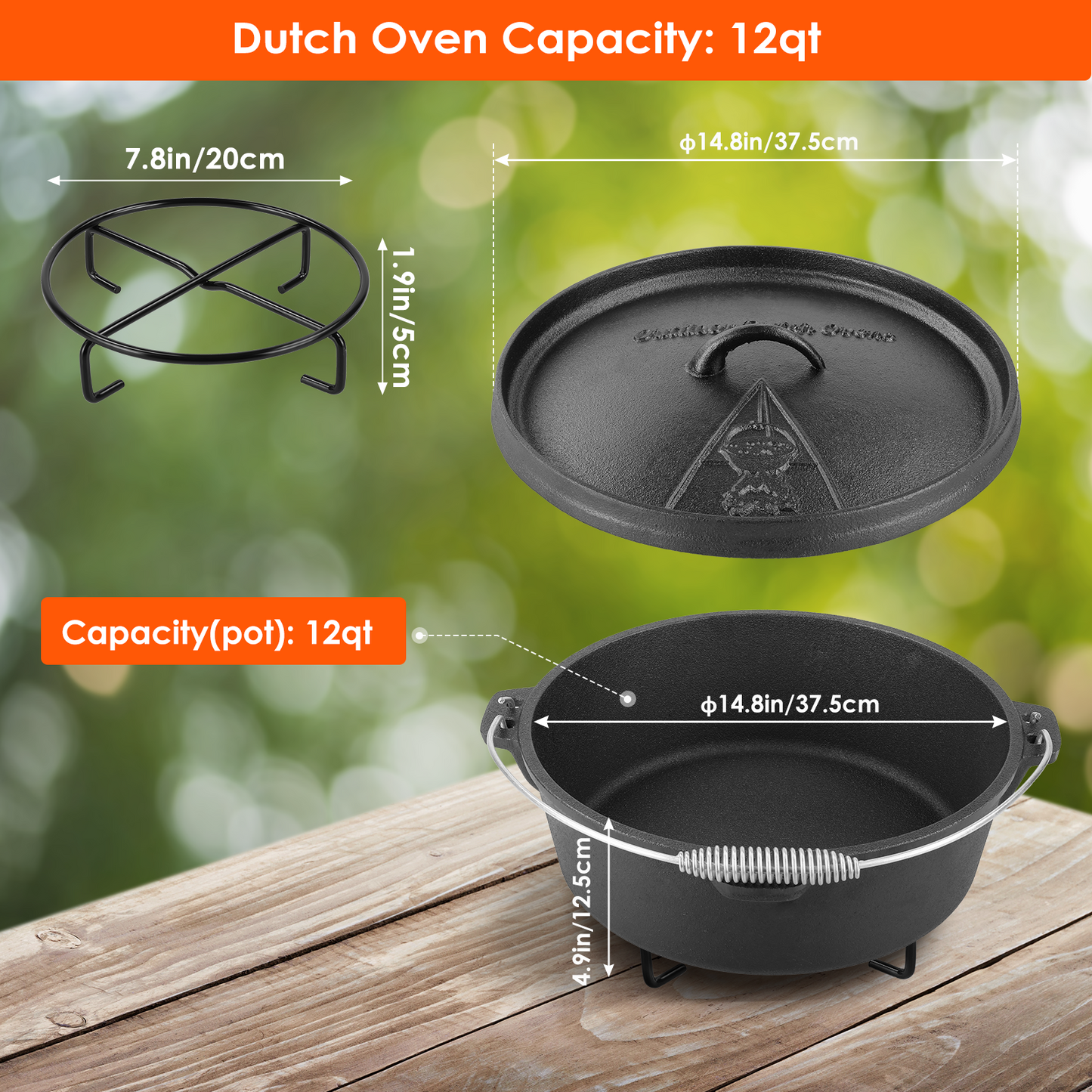 pirecart Dutch Oven Pot with Lid, 12 Quart Cast Iron Dutch Oven, without Feet, with Stand & Spiral-shaped Handle, Cast Iron Pot for Outdoor & Indoor