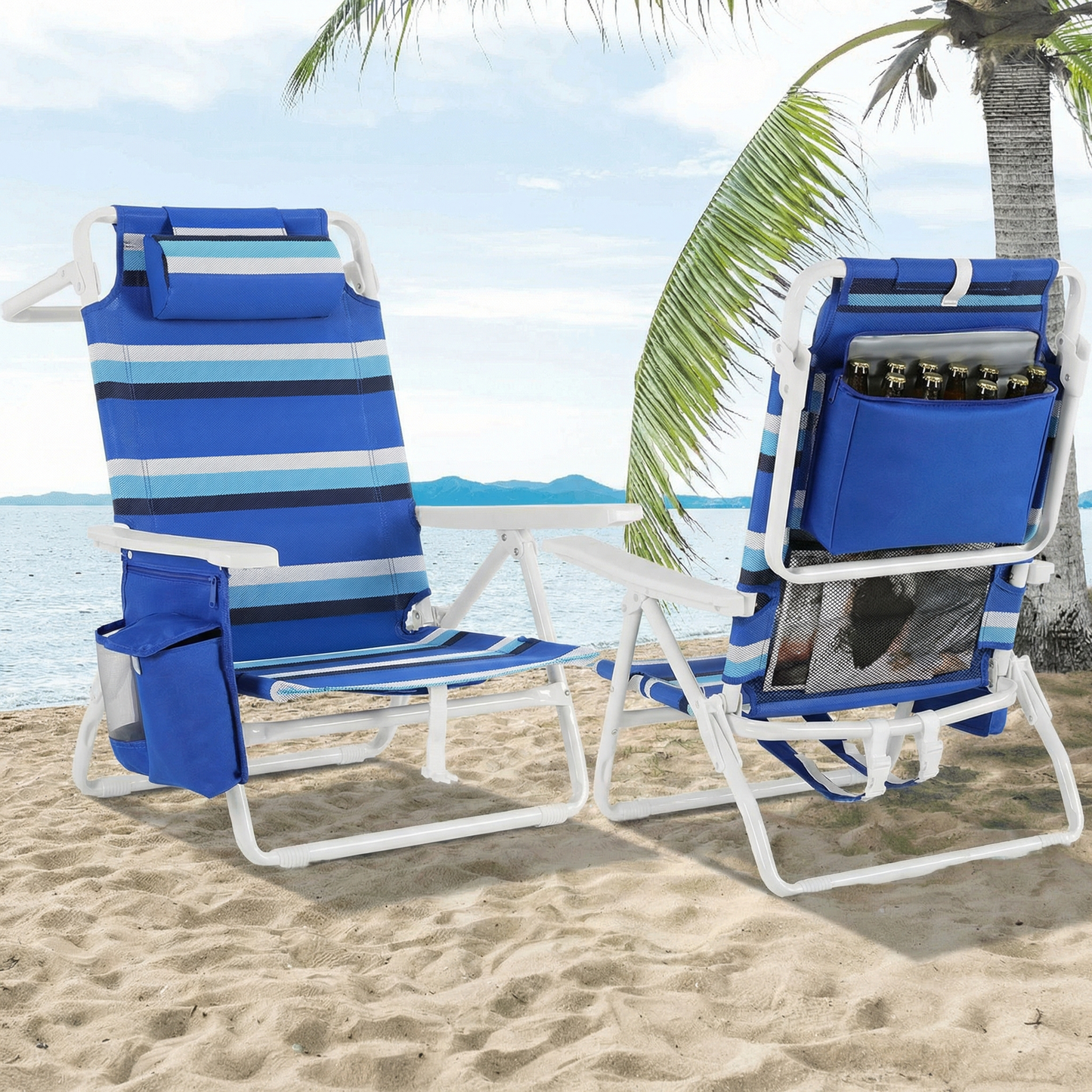 Foldable Beach Chair, 5-Position Lay Flat Reclining Beach Chair W/ Headrest, Storage Bag, Cooler Pouch,Towel Bar, Foot Mat