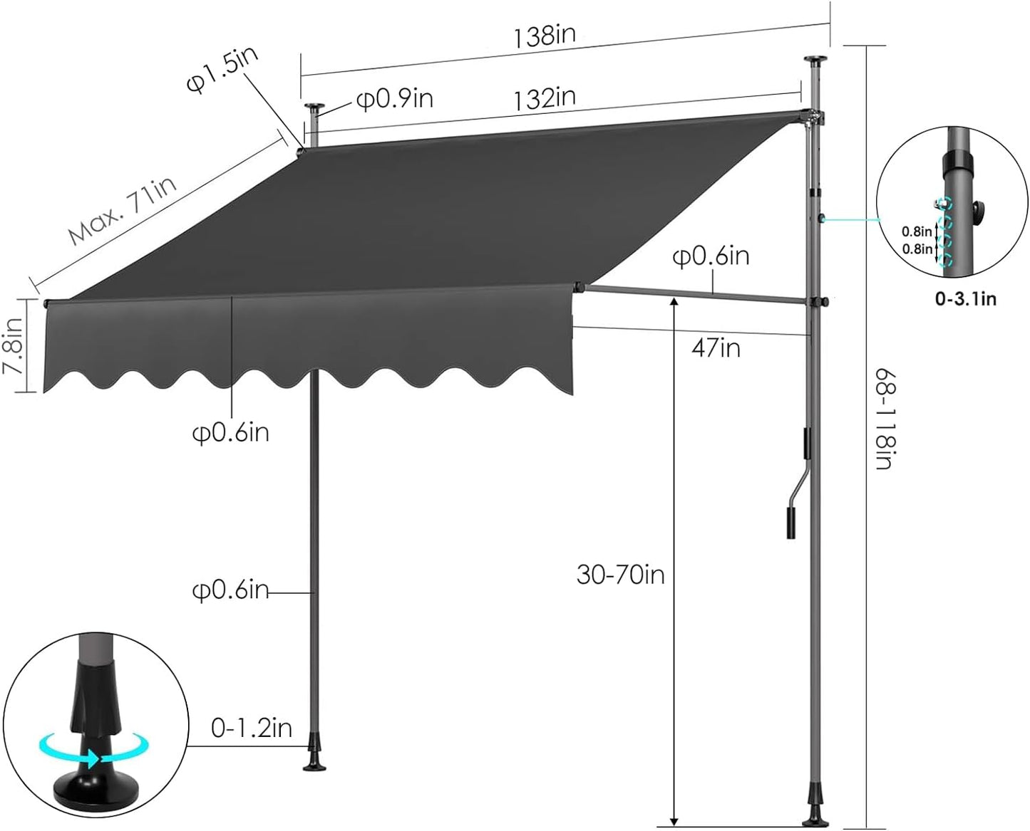 Manual Retractable Awning, Non-Screw Outdoor Retractable Patio Awning, Height Adjustable Sun Shade Awning, Made of Polyester with UV Protection – Ideal for Any Window or Door (Gray)