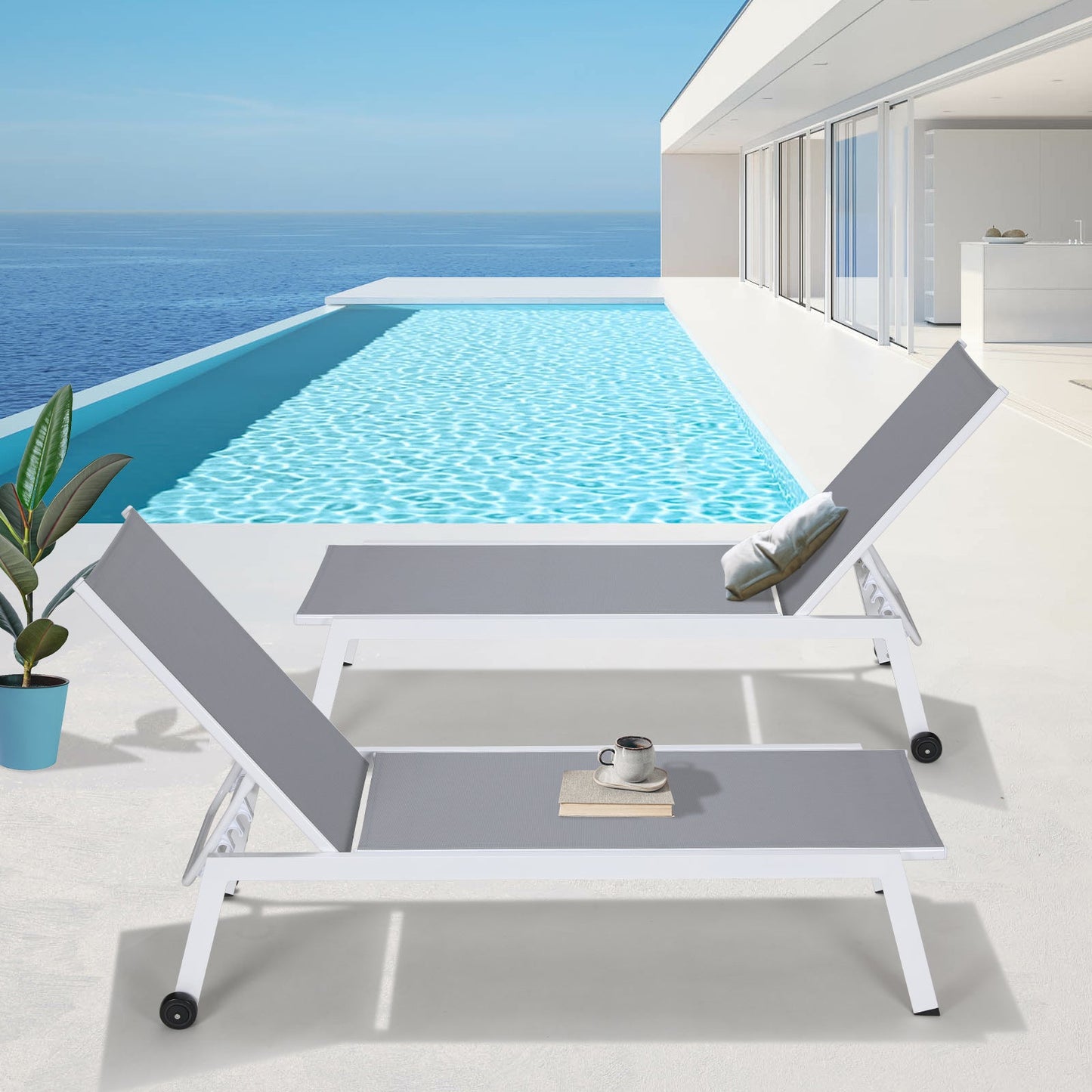 pirecart Set of 4 Outdoor Adjustable Chaise Lounge Chair Wheeled All-Weather Pool Lounger