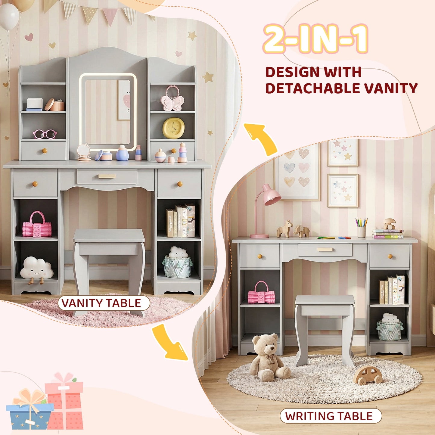 Pirecart Kids Vanity with 3 Color Lights, Girls Vanity Set with Mirror, Storage Drawer, Pretend Play Makeup Desk, with Detachable shelf