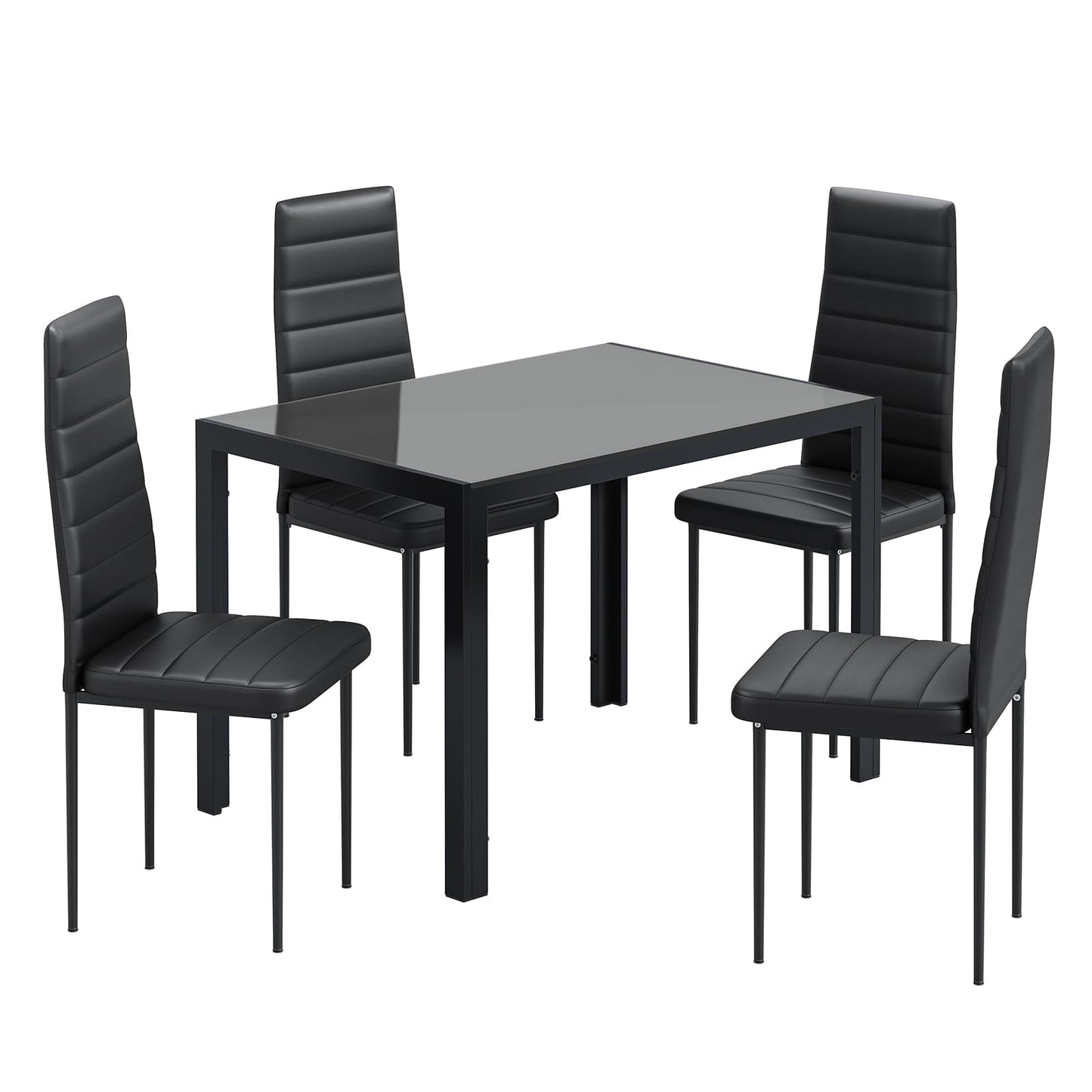 Pirecart Dining Set of 5, 4 Upholstered PU Chairs W/ Tempered Glass Dining Table, Esay-Cleaning & Space-Saving Dining set, Metal Steel Frame Dining Room Set