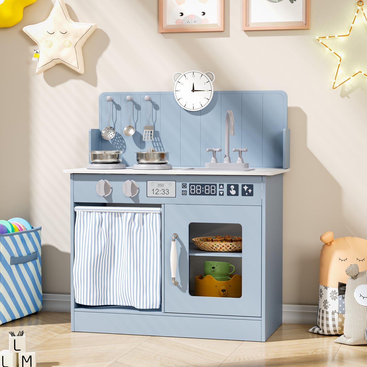 Pirecart Kids Play Kitchen with Ample Storage and Cooking Accessories, Toddler Kitchen Playset with Simulated Gas Tray, Clicking Knobs, Sink, Faucet