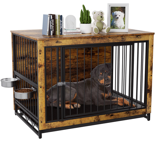 pirecart 39/44 inch Furniture Style Dog Crate with 2 Bowls, Large Wooden End Table Dog House