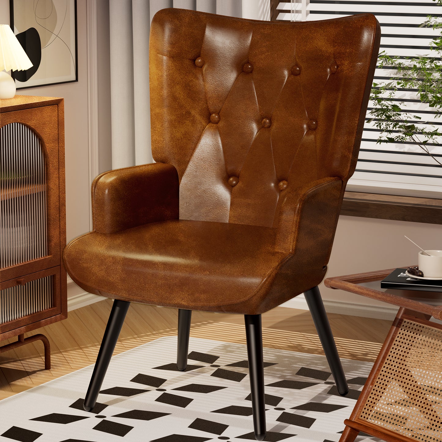 Pirecart Leather Accent Chair, Comfy Upholstered Armchair with Metal Legs, High Backrest Living Room Chair Mid Century Modern for Living Room, Vanity, Bedroom, Brown