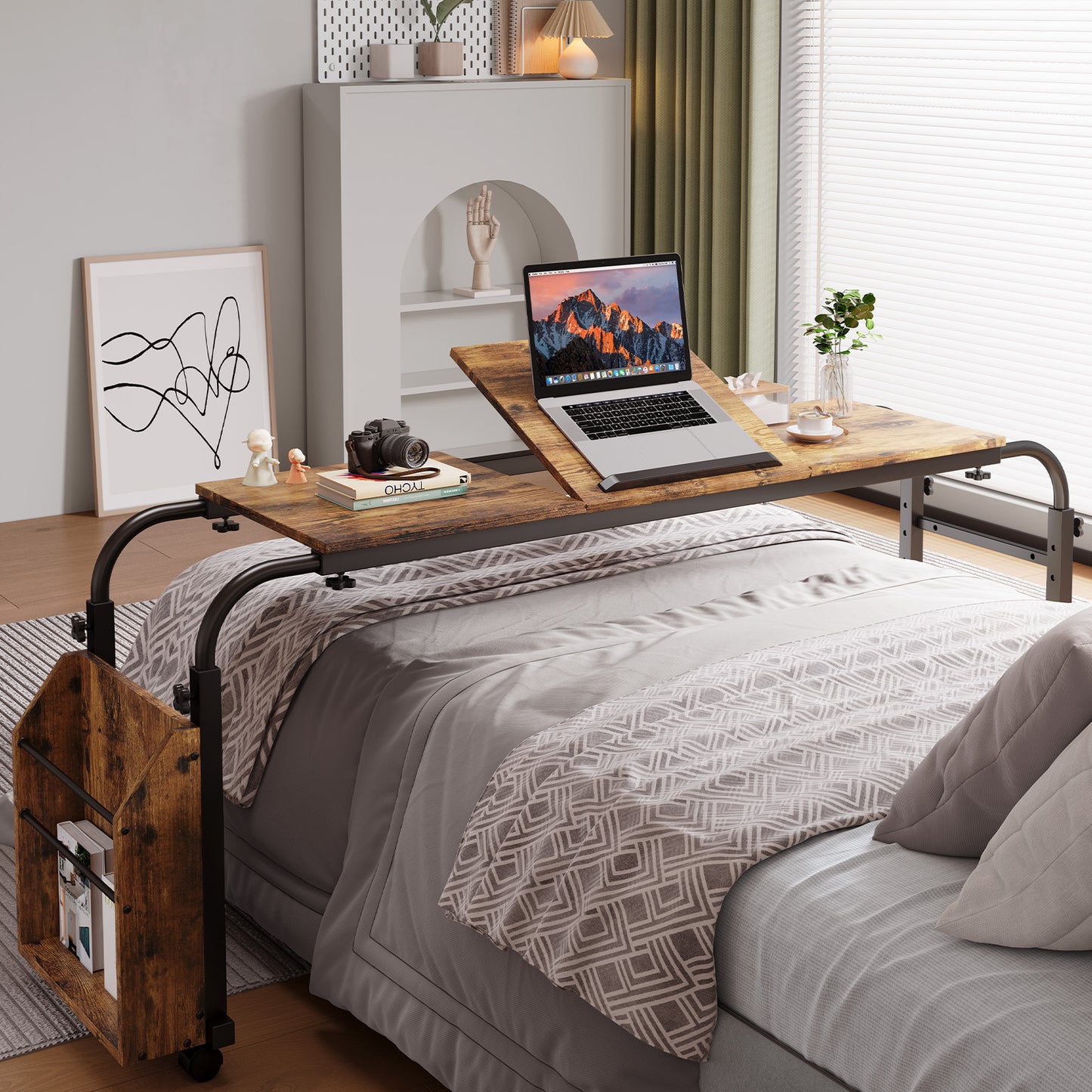 pirecart Overbed Table with Wheels, Moblie Bed Desk, Rolling Computer Desk Laptop Cart