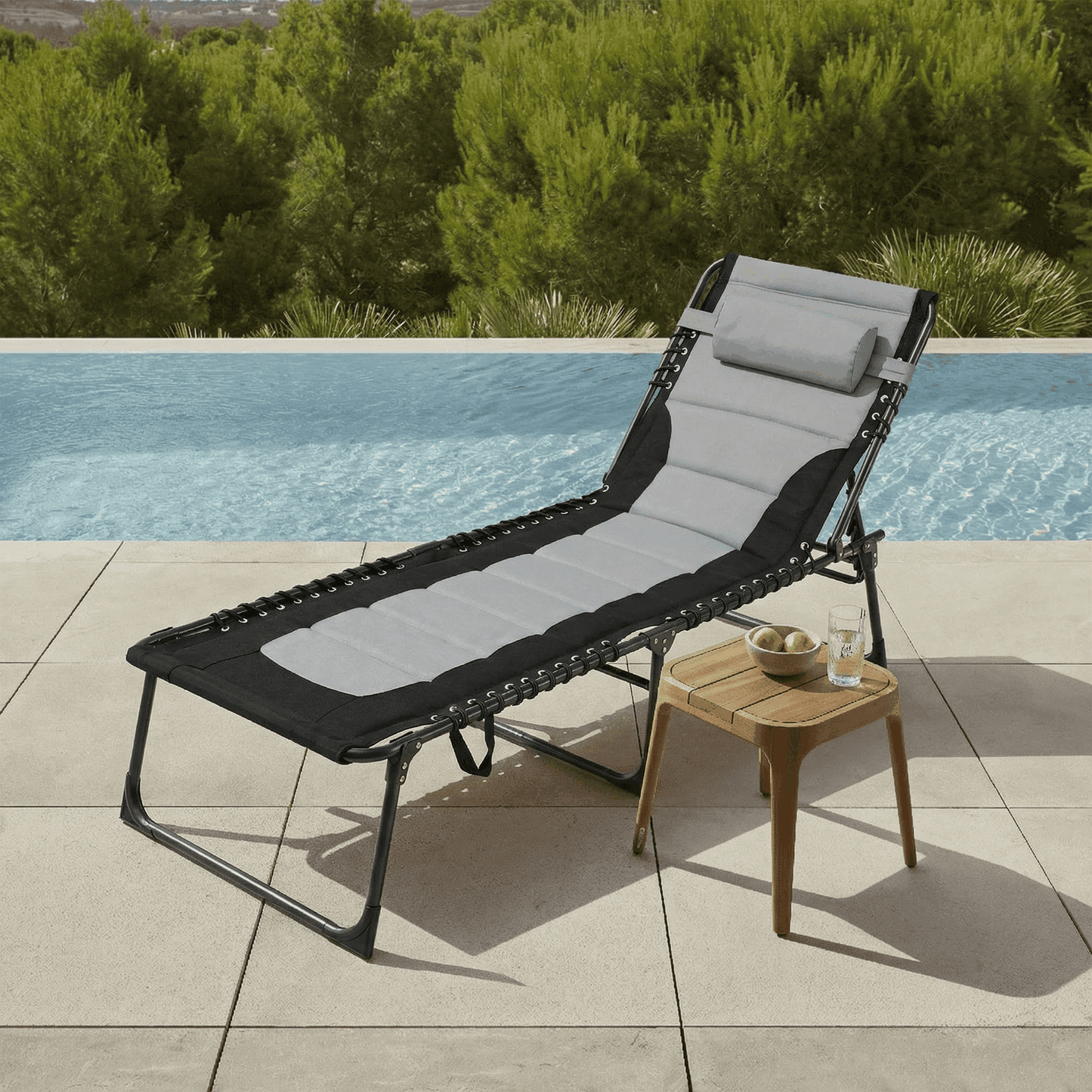 Pirecart 5-Position Adjustable Lounge Chair, Padded Folding Tanning Bed Chaise Lounge Chair, with Pillow, Side Pocket, Carrying Handle