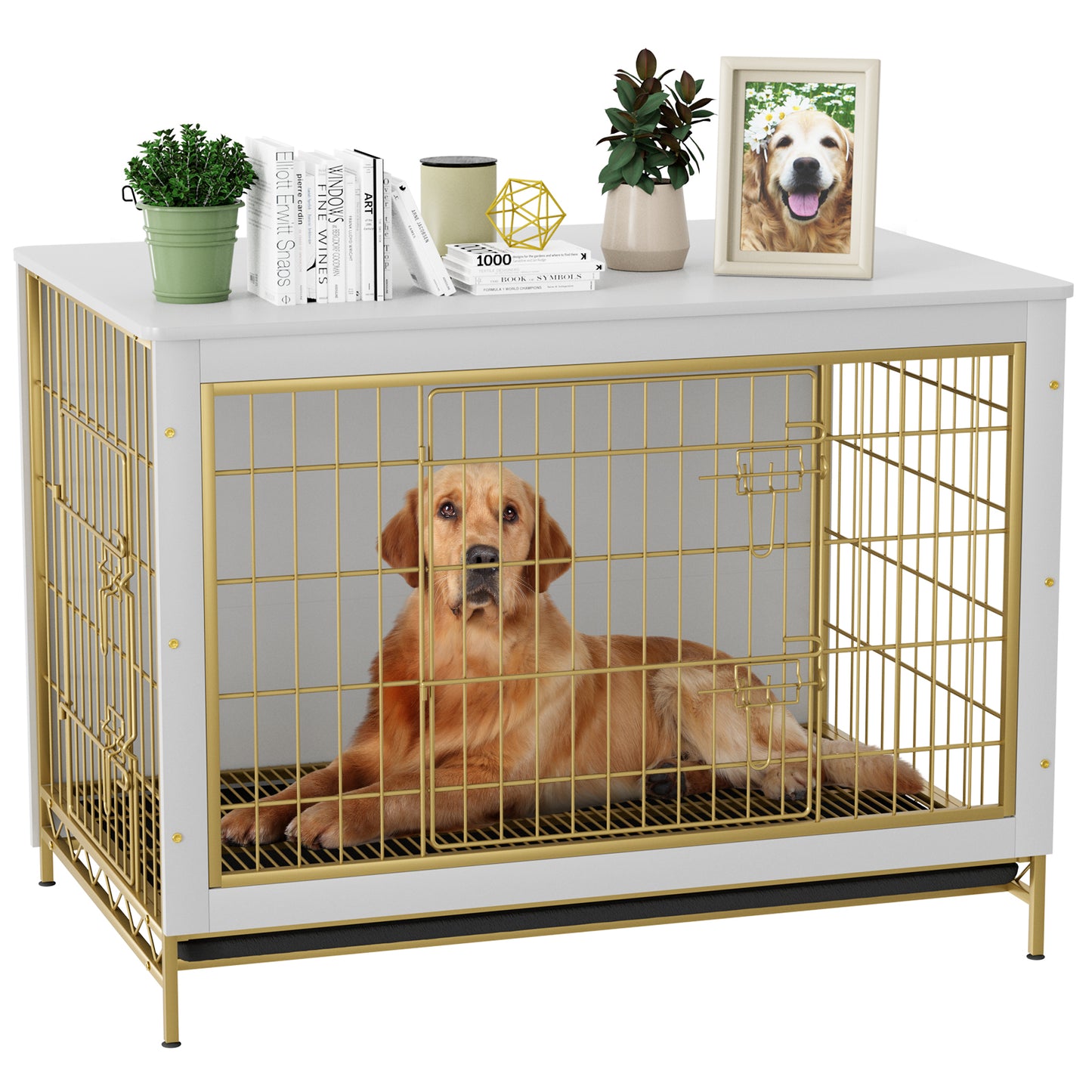 pirecart 44.1in Dog Crate Furniture Wooden Side End Table, Modern Dog Kennel with Double Doors