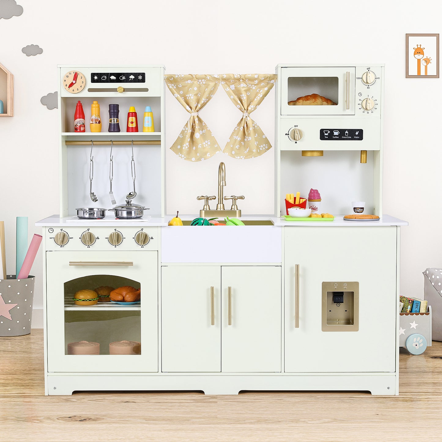 pirecart Kids Play Kitchen, Wooden Pretend Toy Kitchen, Toodler Cooking Playset w/Stove, Sink, Microwave, Water Dispenser, Curtain