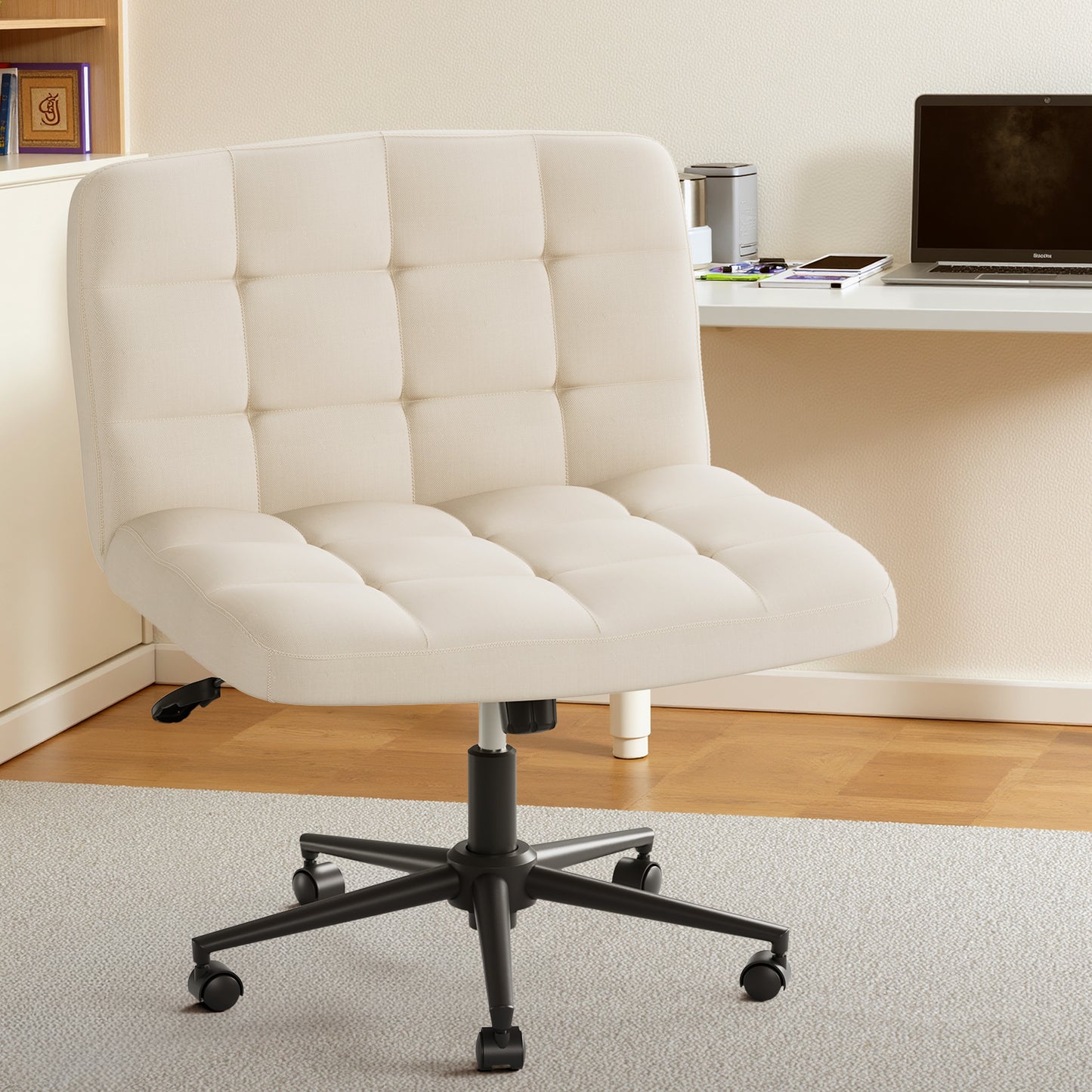 Pirecart Criss Cross Legged Chair, Comfy Swivel Armless Chair with Wheels and Wide Cushion, Height Adjustable Vanity Chair for Bedroom, Office, Desk, Linen