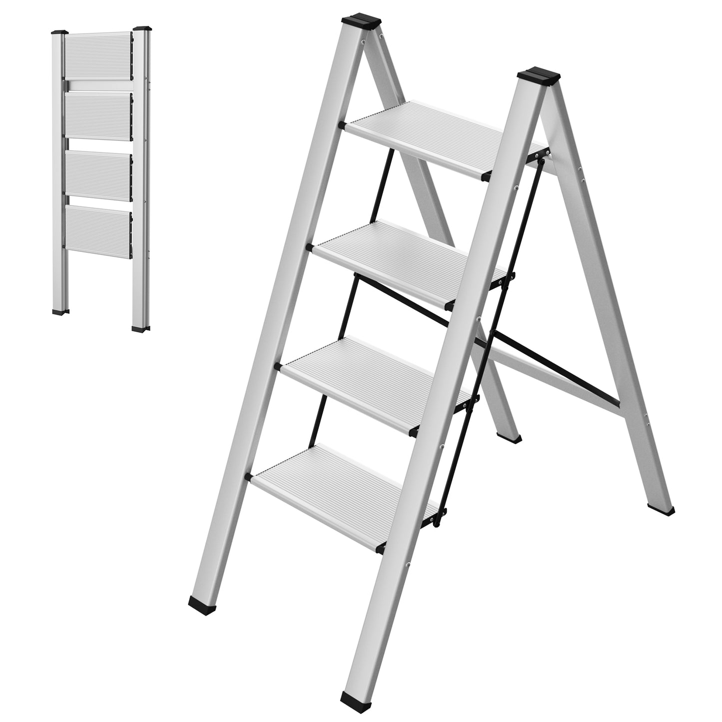 pirecart 3/4 Step Ladder, Aluminum Portable Folding Step Stool with Wide Anti-Slip Pedals