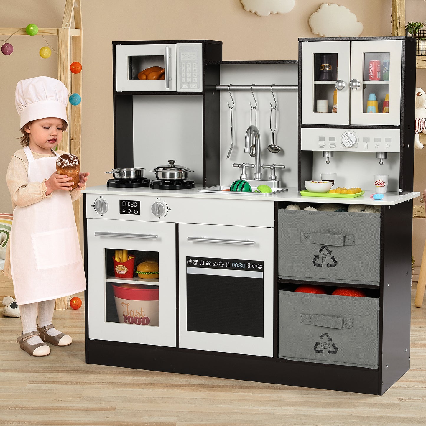 pirecart Kids Play Kitchen Wooden Pretend Toy Kitchen with Utensils, Sink, Microwave, Lights, Sounds and 2 Fabric Boxes