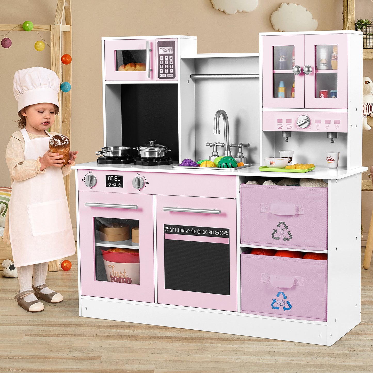 pirecart Kids Play Kitchen Wooden Pretend Toy Kitchen with Utensils, Sink, Microwave, Lights, Sounds and 2 Fabric Boxes