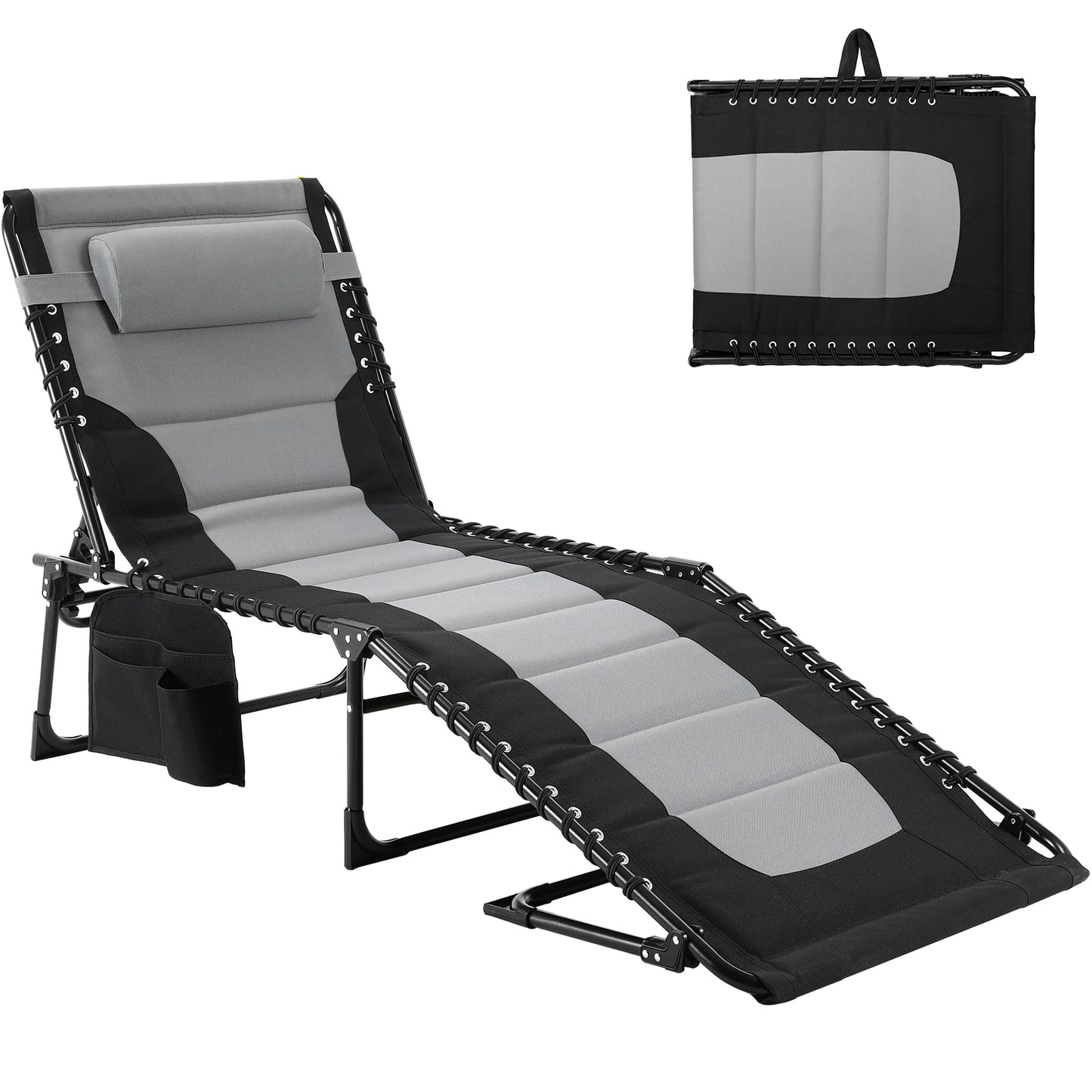Pirecart 5-Position Adjustable Lounge Chair, Padded Folding Tanning Bed Chaise Lounge Chair, with Pillow, Side Pocket, Carrying Handle