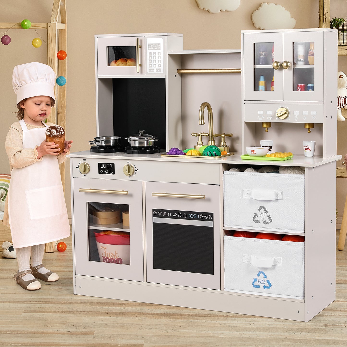 pirecart Kids Play Kitchen Wooden Pretend Toy Kitchen with Utensils, Sink, Microwave, Lights, Sounds and 2 Fabric Boxes