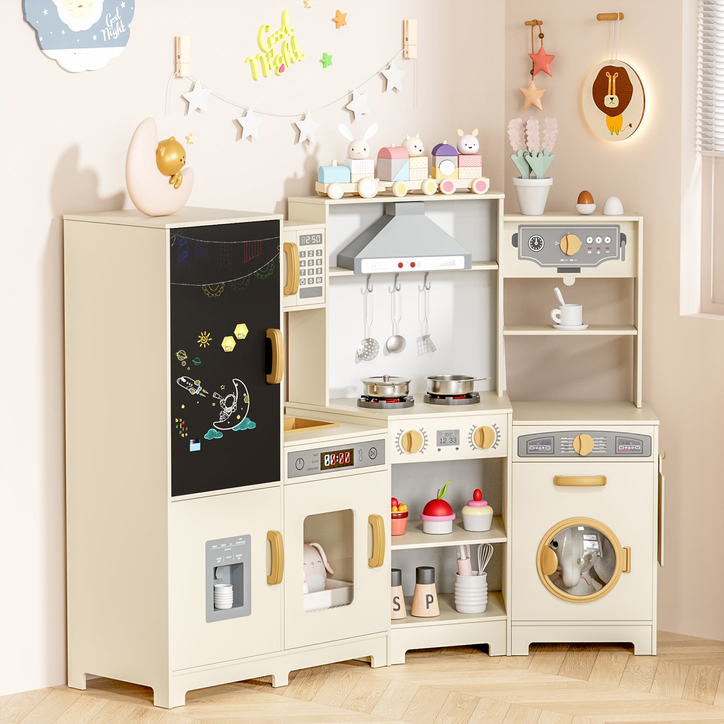 Pirecart Wooden Corner Play Kitchen, Kids Play Kitchen with Blackboard and 6Pcs Cooking Accessories, Toddler Play Kitchen Set with Realistic Sound & Light