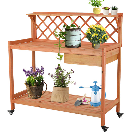 pirecart Outdoor Potting Bench Garden Table with 4 Wheels, Wooden   Planting Table Workstation